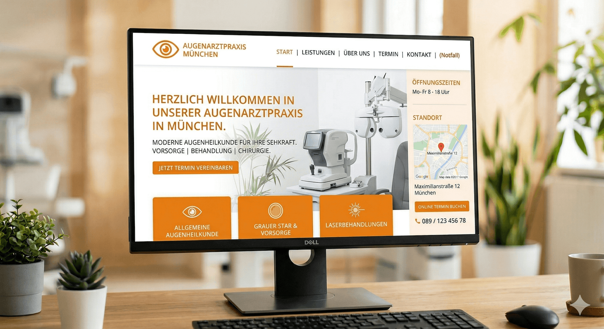 Neue Website einer Praxis für Augenbehandlungen auf einem Bildschirm