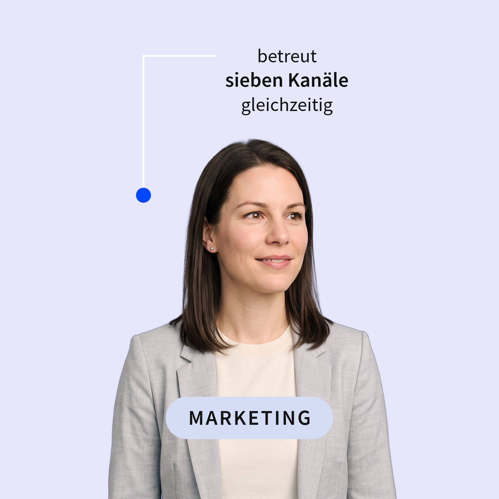 Marketingleiterin im hellgrauen Blazer vor lavendelfarbenem Hintergrund, darüber der Satz „betreut sieben Kanäle gleichzeitig“, unten das Label Marketing